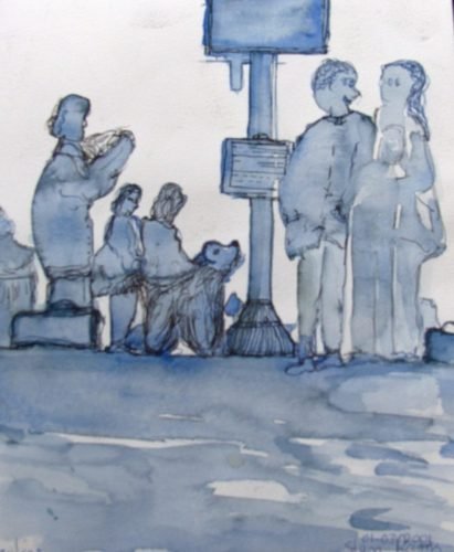 Waiting-on-the-bus-Stan-Rams aquarel